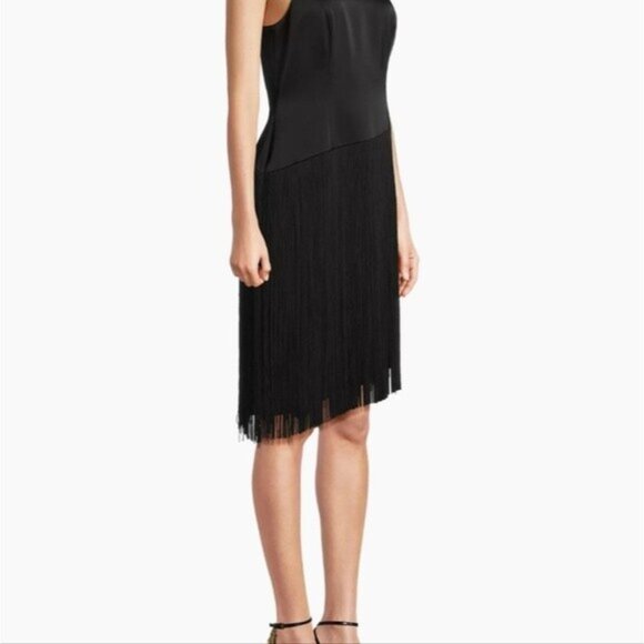 Liv Foster Mock Neck Sleeveless Midi Asymmetrical Fringe Crepe Dress Size 8 New - Picture 15 of 16